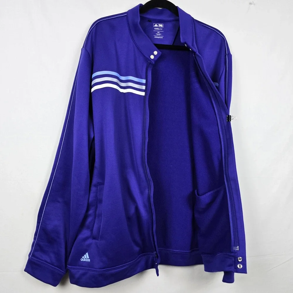 Adidas Golf Climalite Mens 2XL Purple Striped Full Zip‎ Pullover Jacket NG Logo